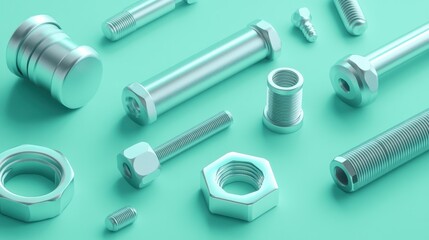 Naklejka premium A collection of automotive nuts and bolts on a pastel green background for a clean, organized look