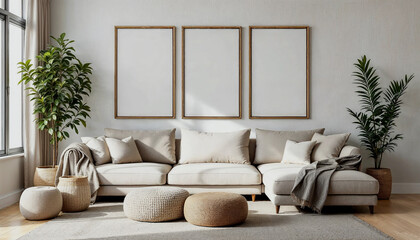 Fototapeta premium Modern Beige Living Room with Blank Frames and Cozy Seating