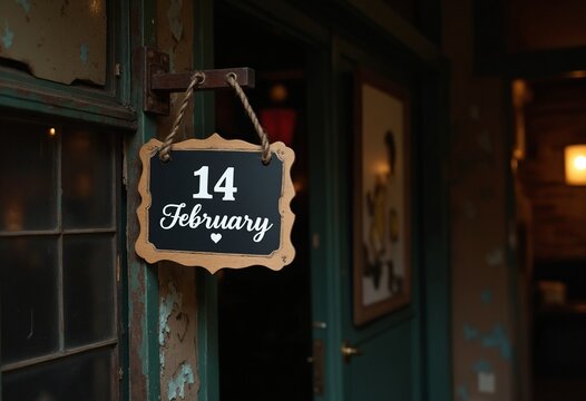 Wooden sign hanging on the wall of a pub or bar with white text that reads 14 February
