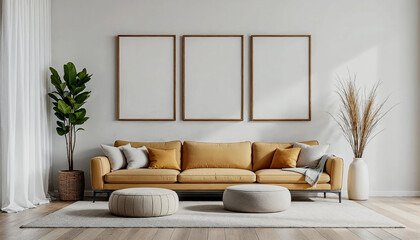 Modern Beige Living Room with Blank Frames and Cozy Seating