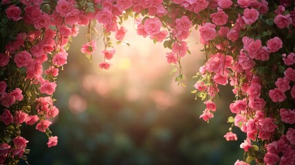 A delicate floral arch with pink blooms in a vintage setup, creating a romantic and whimsical atmosphere for weddings and events.