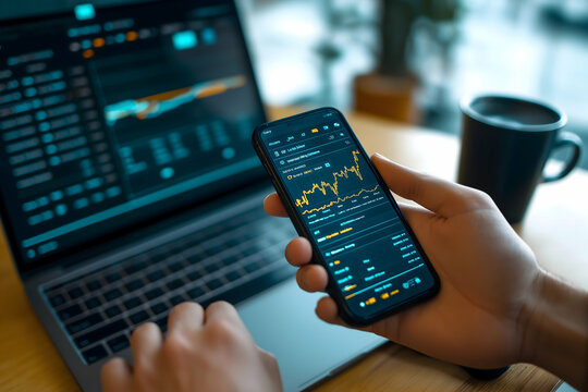 A person analyzes financial data on a smartphone while working on a laptop, surrounded by a coffee cup in a modern, well-lit environment.