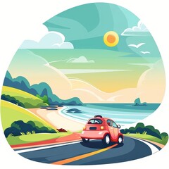 A cute cartoon Style ofA scenic drive with an electric car along a coastal road