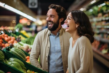Cheerful man and woman having fun while buying groceries in the produce section of a supermarket