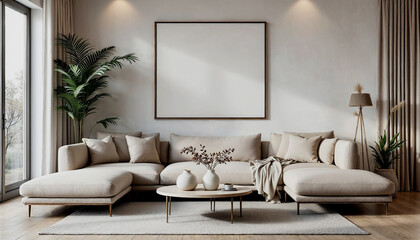 Modern Living Room with Blank Canvas and Greenery