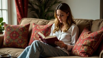 Woman reading a book on a sofa: cozy living room with pillows and oriental patterns, book in hands, cup of tea nearby