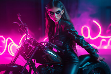 Obraz premium Beautiful girl in a leather suit in cyberpunk style on a motorcycle in neon light background..