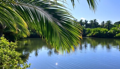 Lush Palm Fronds Frame Tropical Pond Calm Blue Sky Background