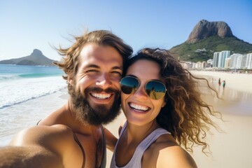 Obraz premium Tourists taking a selfie on ipanema beach with sugarloaf mountain in the background