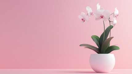 A lucky orchid plant blooming in a sleek modern pot on a soft pink background, representing elegance and good fortune