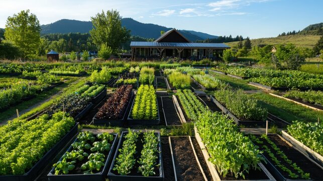 Sustainable agriculture community supporting industry standards mountain valley gardening lush environment aerial view eco-friendly practices