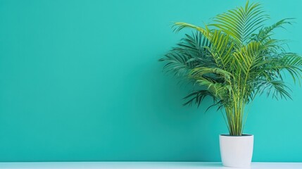 Obraz premium A lush areca palm in a sleek pot placed on a white surface with a tropical green background, symbolizing energy and growth