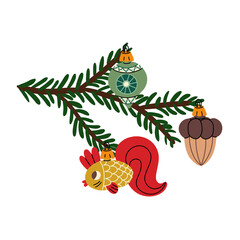 Christmas tree branch with retro Christmas balls. Soviet glass toys in flat style. Fish, acorn, drop. Decor for Christmas, New Year and holidays. Hand-drawn isolated illustration on white background.