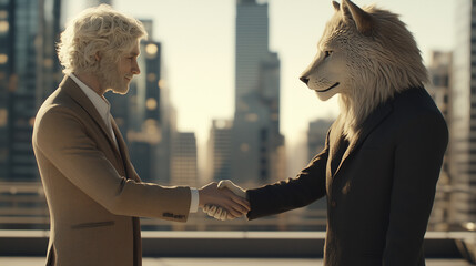Wolf in Business: A man in a suit shakes hands with a man wearing a wolf mask, symbolizing the duality of human nature and the potential for both cunning and collaboration in the business world.  