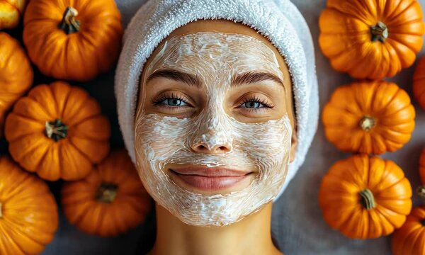 Woman with face mask, surrounded by pumpkins