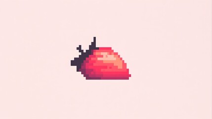 Pixel art illustration of a vibrant red strawberry with a green leaf set against a soft pastel background, perfect for retro-themed designs or food-related projects.