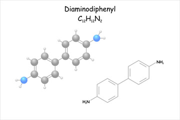 Diaminodiphenyl. Stylized molecule model and structural formula. 