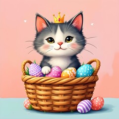 Grey Kitten Easter Basket with Decorated Eggs