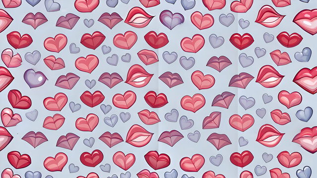 Seamless Pattern with Hearts and Lips. Romantic Design for Digital and Print
