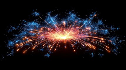 Fototapeta premium Bright orange and blue sparks burst outwards from a central point against a black background.