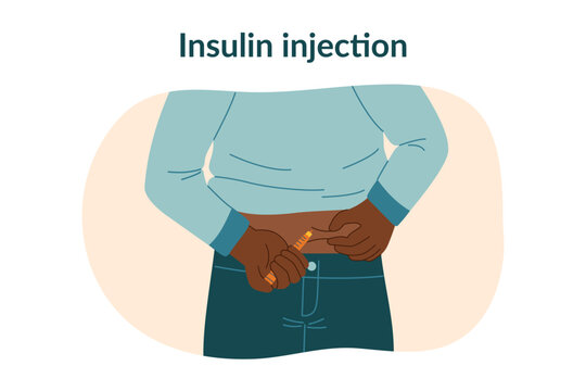 Concept of diabetes control, insulin injections. Diabetic patient using diabetic syringe. Measuring sugar level, blood glucose monitoring. Vector hand drawn clipart.