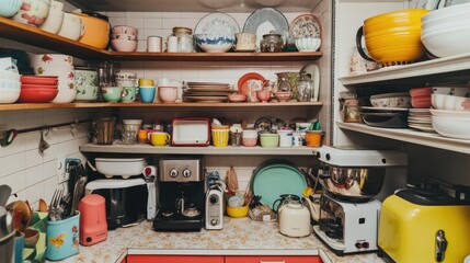 Colorful kitchen shelves filled with eclectic dishware and appli