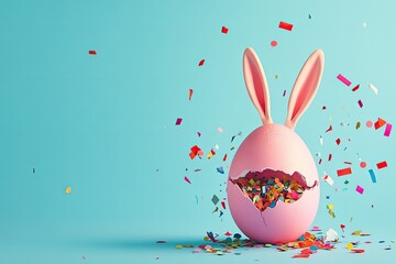 Obraz premium Bright pink egg with bunny ears bursts open, showering colorful