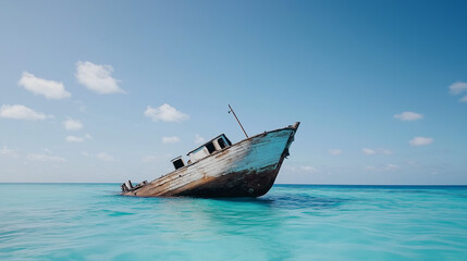 Fototapeta premium Sunken Dreams: A solitary, weathered boat rests partially submerged in crystal clear turquoise waters, a poignant reminder of journeys past, lost at sea.