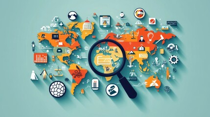 Obraz premium A flat illustration of icon map in abstract map with magnifying 