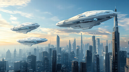 Naklejka premium Futuristic white flying ships above futuristic skyscrapers, flying cars in the sky, wide shot, blue skies, photorealistic