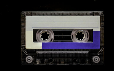 transparent Audio cassette tape, isolated on black background. made in Japan. isolated on white background.