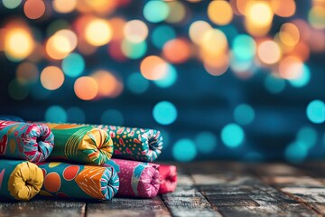 Obraz premium Colorful rolled fabrics create vibrant display against dreamy bo