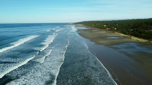 USA, OR, Bayshore, Driftwood Beach, 2024-11-28 - Drone view of Driftwood Beach near Bayshore with Elephant Rock in the distance.