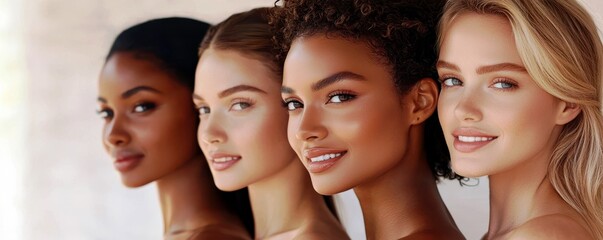 Obraz premium Diverse Young Women of Different Ethnicities Displaying Natural Beauty and Confidence with Smooth Skin and Warm Smiles in a Bright Environment