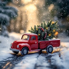 Obraz premium A red toy truck carrying a Christmas tree in a snowy scene with warm festive lights, perfect for Christmas cards and holiday decoration inspiration.