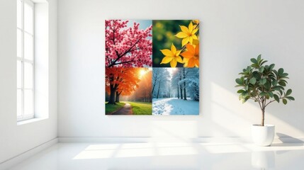 A Serene Quadruple Seasonal Landscape Canvas Art Piece in a Bright Room