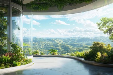 Fototapeta premium Sustainable agriculture lifestyle showcasing innovative practices in an eco-friendly environment with scenic mountain views
