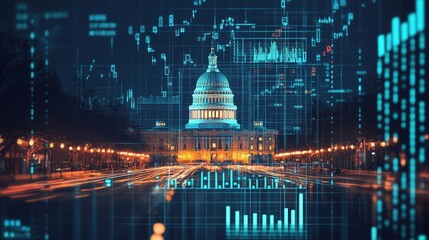 Illustration of a government budget influenced by economic policy, represented by digital charts and spending categories 