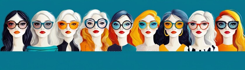 Fototapeta premium Diverse Women Models Showcasing Trendy Eyewear Styles and Fashion Accessories with Vibrant Hair Colors on Turquoise Background