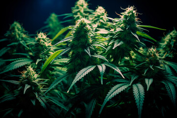 Close-up of marijuana leaf in green tones in production.