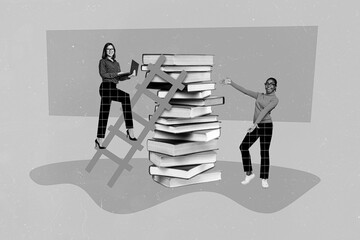 Creative photo 3d collage artwork poster picture of funny girls preparing finish end academic year isolated on painting background