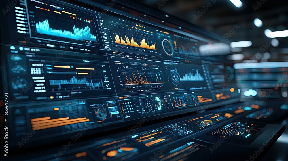 Poster futuristic data visualization dashboard on a large computer screen