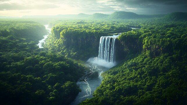Aerial view of Stunning aerial view of a majestic waterfall cascading through a vibrant rainforest. The lush greenery and crystal-clear waters create a serene and breathtaking landscape.