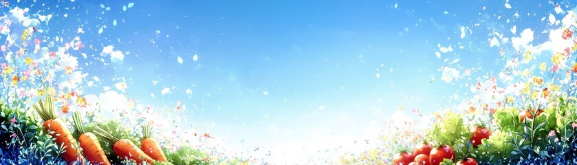 Vibrant Garden Scene with Colorful Carrots, Bright Flowers, and a Clear Blue Sky Under the Shimmering Sun in a Lush and Lively Outdoor Setting