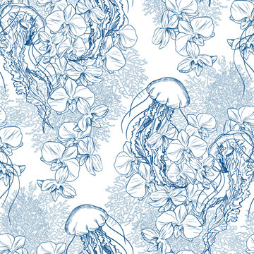 Toile de jouy jellyfish pattern. Colorful seamless jellyfish and orchids pattern. Perfect for greetings, invitations, manufacture wrapping paper, textile and web design. Vector ocean pattern.