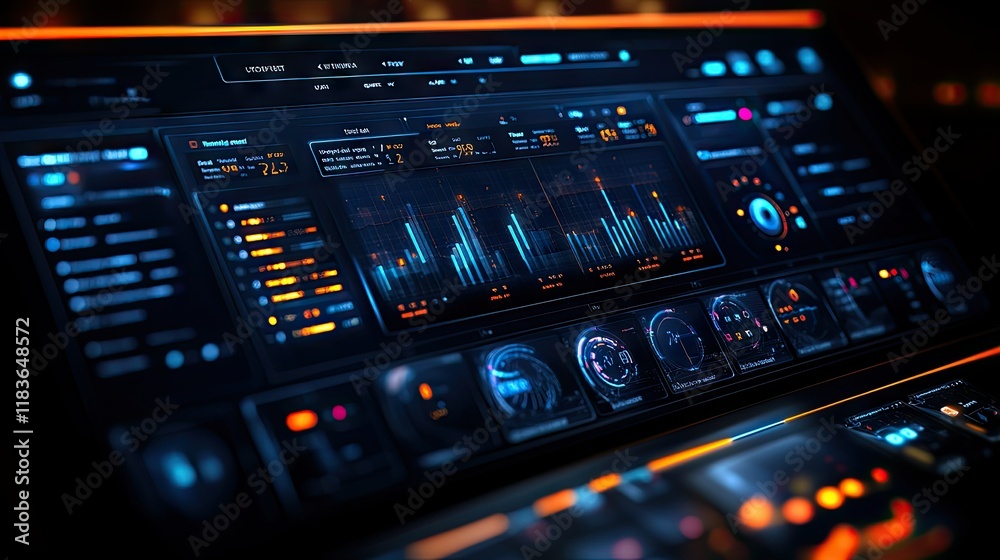Poster futuristic digital dashboard interface with glowing data visualization