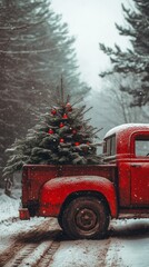 A red toy truck carrying a Christmas tree in a snowy scene with warm festive lights, perfect for Christmas cards and holiday decoration inspiration.