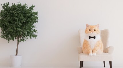 A cat is sitting on a chair with a black bow tie