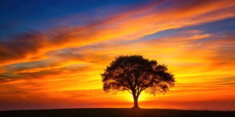 Fototapeta premium A silhouette of a tree against the vibrant colors of sunrise above the horizon with warm golden light , landscape, sun