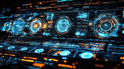 Naklejka premium Futuristic Digital Interface with Glowing Blue and Orange Elements